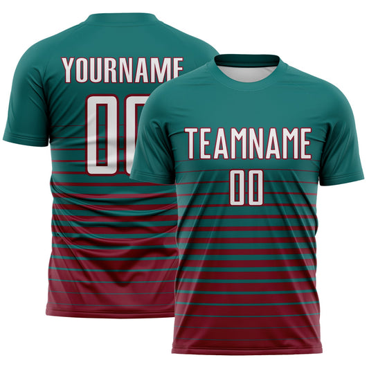 Maxcorners Custom Teal White-Crimson Gradient Pinstripe Sublimation Soccer Uniform Jersey LM2605