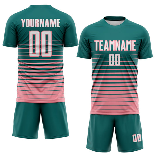 Maxcorners Custom Teal White-Medium Pink Gradient Pinstripe Sublimation Soccer Uniform Jersey LM2605