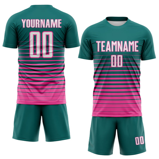 Maxcorners Custom Teal White-Pink Gradient Pinstripe Sublimation Soccer Uniform Jersey LM2605