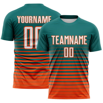 Maxcorners Custom Teal White-Orange Gradient Pinstripe Sublimation Soccer Uniform Jersey LM2605