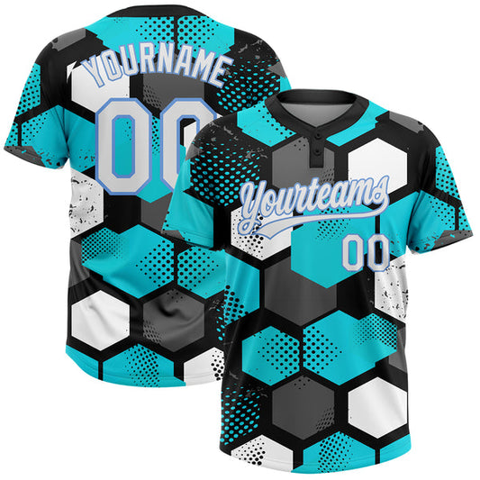 Maxcorners Custom Sky Blue White Black-Light Blue 3D Pattern Two-Button Unisex Softball Jersey LM0609