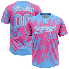 Maxcorners Custom Pink Powder Blue-White 3D Pattern Two-Button Unisex Softball Jersey LM0609
