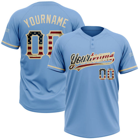 Maxcorners Custom Light Blue Vintage USA Flag-City Cream Two-Button Unisex Softball Jersey
 LM0609