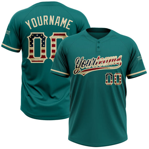 Maxcorners Custom Teal Vintage USA Flag-City Cream Two-Button Unisex Softball Jersey
 LM0609