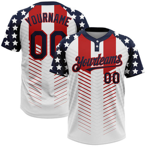 Maxcorners Custom White Navy-Red 3D American Flag Fashion Two-Button Unisex Softball Jersey Shirt
 LM0609
