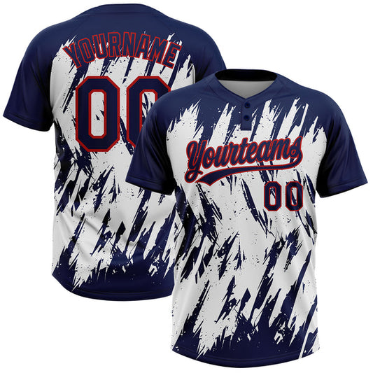 Maxcorners Custom Navy Red-White 3D Pattern Abstract Sharp Shape Two-Button Unisex Softball Jersey LM0609