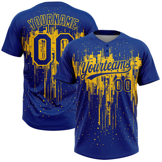 Maxcorners Custom Royal Yellow 3D Pattern Dripping Splatter Art Two-Button Unisex Softball Jersey LM0609