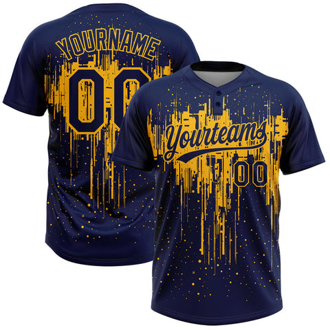 Maxcorners Custom Navy Gold 3D Pattern Dripping Splatter Art Two-Button Unisex Softball Jersey
 LM0609