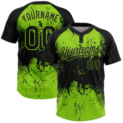 Maxcorners Custom Black Neon Green 3D Pattern Abstract Splatter Grunge Art Two-Button Unisex Softball Jersey LM0609
