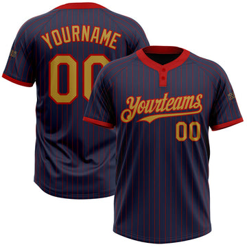 Maxcorners Custom Navy Red Pinstripe Old Gold Two-Button Unisex Softball Jersey LM0609