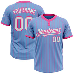 Maxcorners Custom Light Blue Pink Pinstripe White Two-Button Unisex Softball Jersey
 LM0609