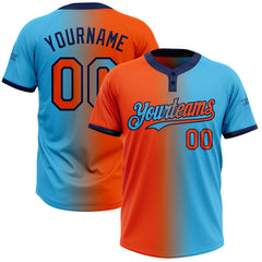Maxcorners Custom Sky Blue Orange-Navy Gradient Fashion Two-Button Unisex Softball Jersey LM0609