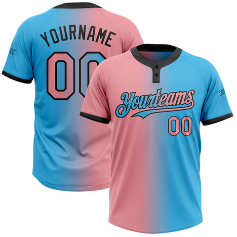 Maxcorners Custom Sky Blue Medium Pink-Black Gradient Fashion Two-Button Unisex Softball Jersey
 LM0609