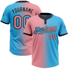 Maxcorners Custom Sky Blue Medium Pink-Black Gradient Fashion Two-Button Unisex Softball Jersey LM0609