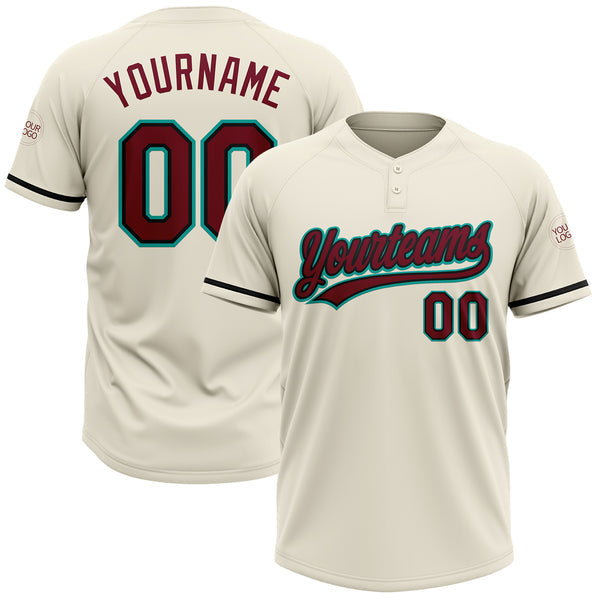 Maxcorners Custom Cream Crimson Black-Aqua Two-Button Unisex Softball Jersey
 LM0609