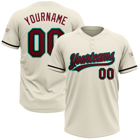 Maxcorners Custom Cream Crimson Black-Aqua Two-Button Unisex Softball Jersey
 LM0609