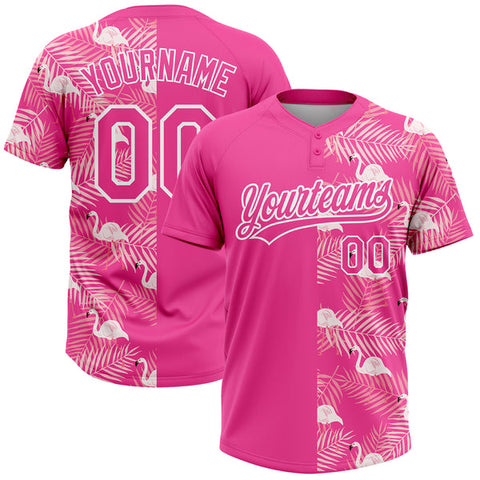 Maxcorners Custom Pink White 3D Pattern Tropical Palm Leaves And Famingo Two-Button Unisex Softball Jersey
 LM0609