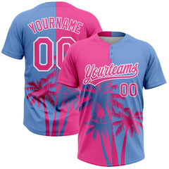 Maxcorners Custom Pink Light Blue-White 3D Pattern Hawaii Coconut Trees Two-Button Unisex Softball Jersey LM0609