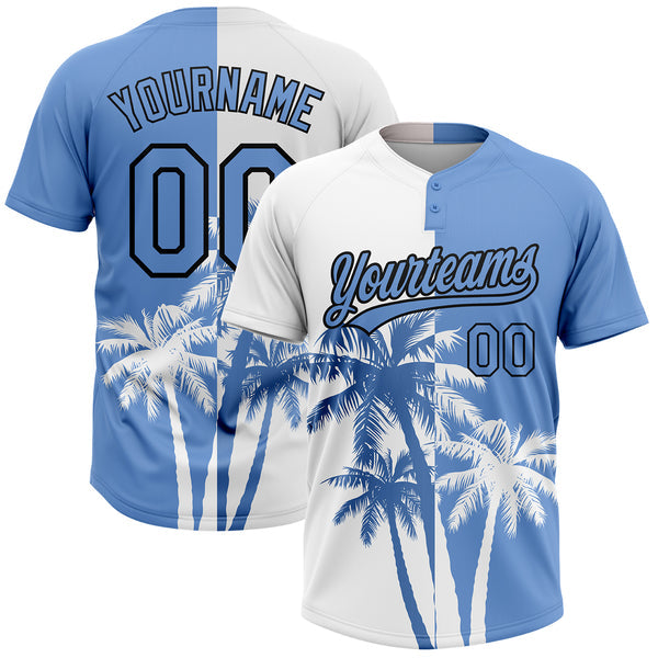 Maxcorners Custom White Light Blue-Black 3D Pattern Hawaii Coconut Trees Two-Button Unisex Softball Jersey
 LM0609