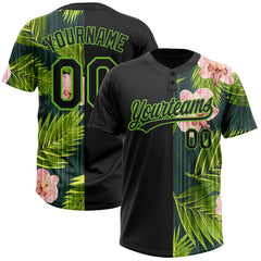 Maxcorners Custom Black Neon Green 3D Pattern Hawaii Tropical Palm Leaves With Orchids Two-Button Unisex Softball Jersey LM0609