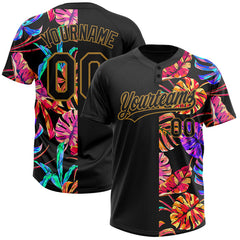 Maxcorners Custom Black Old Gold 3D Pattern Hawaii Tropical Palm Leaves Two-Button Unisex Softball Jersey LM0609