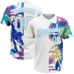 Maxcorners Custom White Light Blue 3D Pattern Hawaii Palm Trees Two-Button Unisex Softball Jersey LM0609