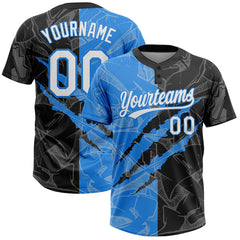 Maxcorners Custom Graffiti Pattern White Black-Electric Blue 3D Scratch Two-Button Unisex Softball Jersey LM0609
