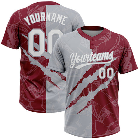 Maxcorners Custom Graffiti Pattern White Crimson-Gray 3D Scratch Two-Button Unisex Softball Jersey LM0609
