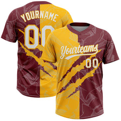 Maxcorners Custom Graffiti Pattern White Burgundy-Gold 3D Scratch Two-Button Unisex Softball Jersey LM0609