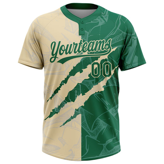 Maxcorners Custom Graffiti Pattern Kelly Green-Cream 3D Scratch Two-Button Unisex Softball Jersey LM2605