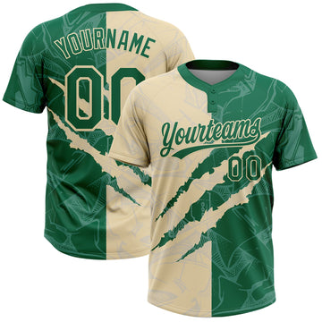 Maxcorners Custom Graffiti Pattern Kelly Green-Cream 3D Scratch Two-Button Unisex Softball Jersey LM2605