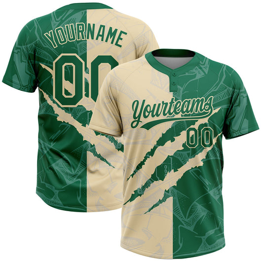 Maxcorners Custom Graffiti Pattern Kelly Green-Cream 3D Scratch Two-Button Unisex Softball Jersey LM2605
