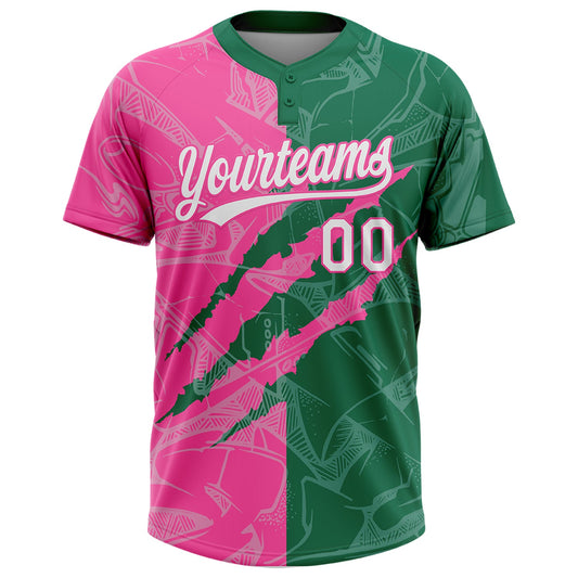Maxcorners Custom Graffiti Pattern White Kelly Green-Pink 3D Scratch Two-Button Unisex Softball Jersey LM2605