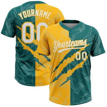 Maxcorners Custom Graffiti Pattern White Teal-Gold 3D Scratch Two-Button Unisex Softball Jersey LM2605