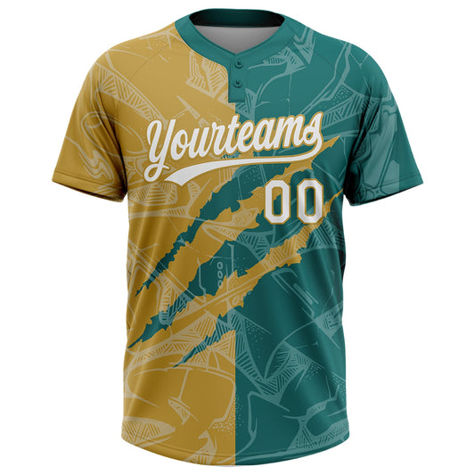 Maxcorners Custom Graffiti Pattern White Teal-Old Gold 3D Scratch Two-Button Unisex Softball Jersey LM2605