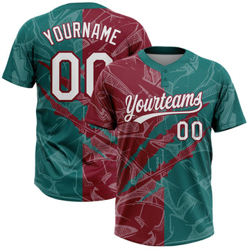Maxcorners Custom Graffiti Pattern White Teal-Crimson 3D Scratch Two-Button Unisex Softball Jersey LM2605
