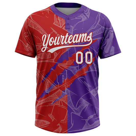 Maxcorners Custom Graffiti Pattern White Purple-Red 3D Scratch Two-Button Unisex Softball Jersey LM2605