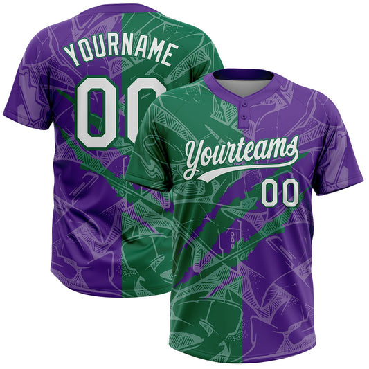 Maxcorners Custom Graffiti Pattern White Purple-Kelly Green 3D Scratch Two-Button Unisex Softball Jersey LM2605