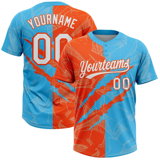 Maxcorners Custom Graffiti Pattern White Sky Blue-Orange 3D Scratch Two-Button Unisex Softball Jersey LM2605