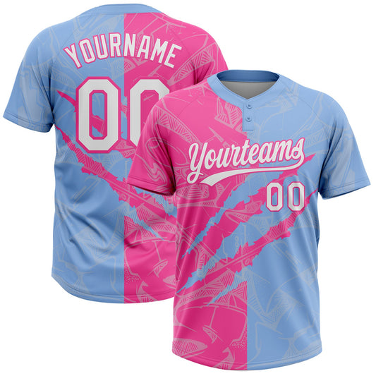 Maxcorners Custom Graffiti Pattern White Light Blue-Pink 3D Scratch Two-Button Unisex Softball Jersey LM2605