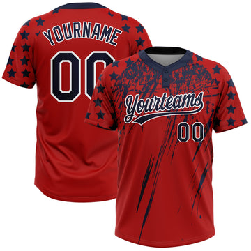 Maxcorners Custom Red Navy-White Distressed Scratch Brush Stroke Star Raglan Sleeves Two-Button Unisex Softball Jersey LM2605