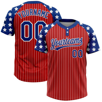 Maxcorners Custom Red White Pinstripe Royal Star Raglan Sleeves Two-Button Unisex Softball Jersey LM2605