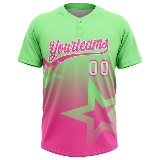 Maxcorners Custom Pea Green Pink-White Gradient Style Twinkle Star Two-Button Unisex Softball Jersey LM2605