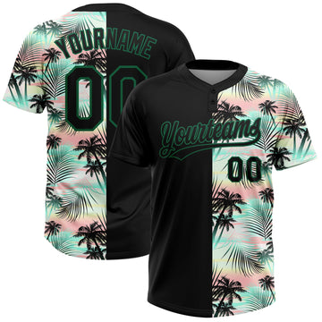 Maxcorners Custom Black Kelly Green Tropical Palm Leaves Two-Button Unisex Softball Jersey LM2605