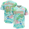 Maxcorners Custom Lakes Blue Pea Green-Pink Beach Hawaii Palm Trees And Flamingo Two-Button Unisex Softball Jersey LM2605