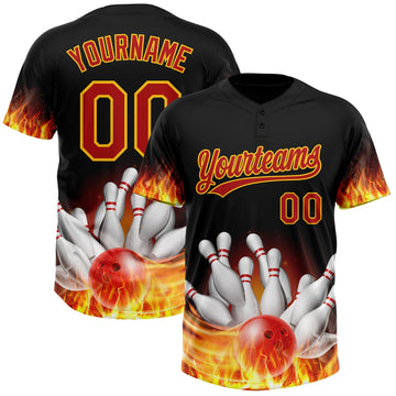 Maxcorners Custom Black Red-Yellow Flame Bowling 3D Pattern Design Two-Button Unisex Softball Jersey LM2605