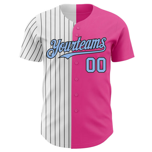 Maxcorners Custom Pink Light Blue-Black Pinstripe Authentic Split Fashion Baseball Jersey LM2605