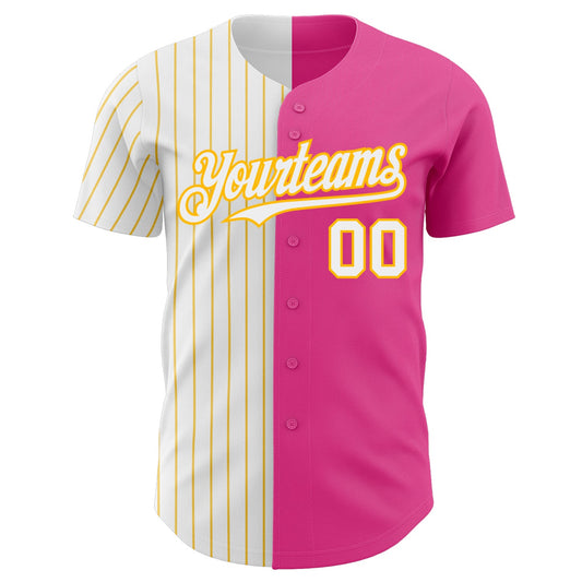 Maxcorners Custom Pink White-Gold Pinstripe Authentic Split Fashion Baseball Jersey LM2605