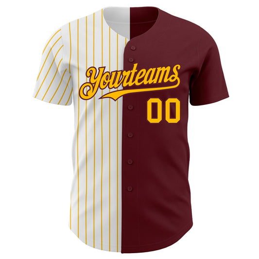 Maxcorners Custom Burgundy White-Gold Pinstripe Authentic Split Fashion Baseball Jersey LM2605