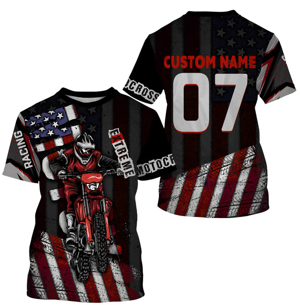 Personalized Motocross Jersey UPF30+, American Flag Dirt Bike Racing Shirt, Off-Road Rider Racewear